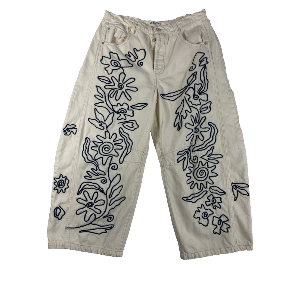 We The Free People Good Luck Soutache Barrel Jeans 31 Ivory Embroidered FLAW - Picture 7 of 16